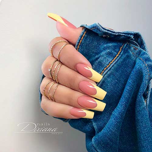 Banana Color French Nail Design Long Light Yellow Coffin French Tip Nails 2021