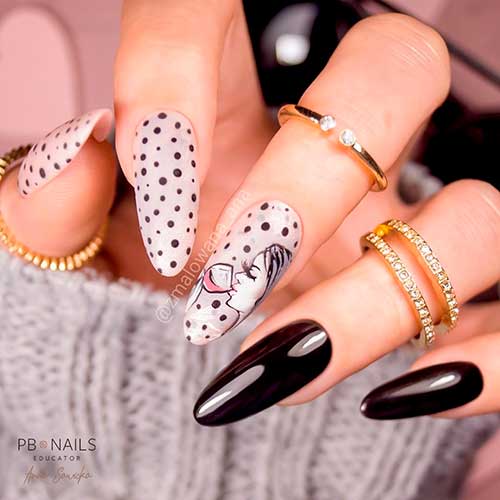 Long Round Black and White Polka Dot Nail Art Design with Two Black Accents