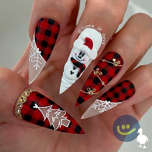Checkered Red Black Snowman Christmas Nails with Gold Rhinestones, Snowflakes, and Christmas Tree