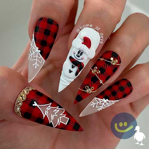 Checkered Red Black Snowman Christmas Nails 2021 with Gold Rhinestones, Snowflakes, and Christmas Tree