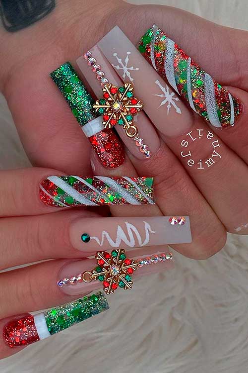 Festive glitter red and green Christmas nails with snowflake rhinestone