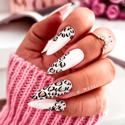Classy Long Almond Black and White Leopard Print Nails with Gold Transfer Foil