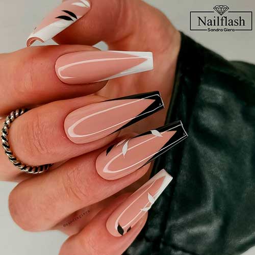 Classy V French Tip Black and White Nails with Leaf Nail Art