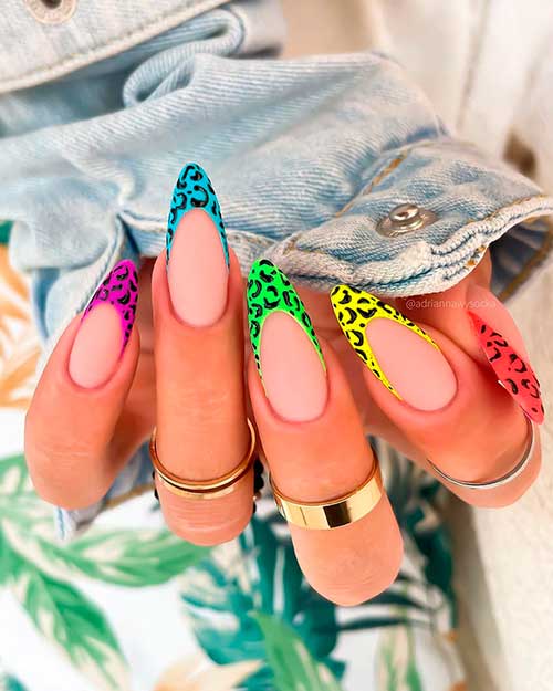 Colorful Panther French Tip Nails Almond Shaped to Get a Cool Nail Look Ever