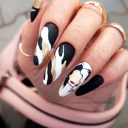 Cruella Inspired Unique Matte Black and White Nails 2021 with Gold Nail Polish