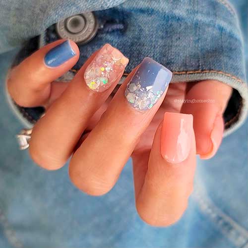 Cute Short Dusky Rose and Peacock Blue Winter Nails with Frozen Petals