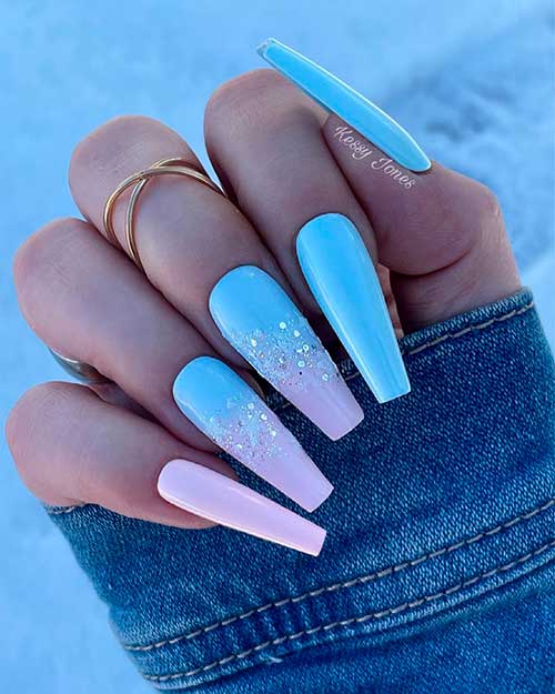 Cute light Pink and Frosty Blue Winter Nails Coffin Shaped with Glitter
