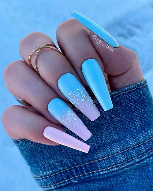 Cute light Pink and Frosty Blue Winter Nails