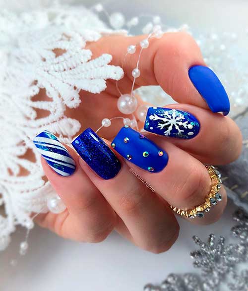 Dark Blue Christmas Nails Square Shaped with Snowflake, Rhinestones, and Accent Blue White Candy Nail