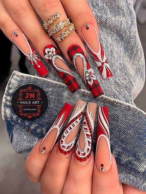 Long Coffin Dark Red and White Christmas Nails with Snowflakes, Heart Shaped, Snow, and Buffalo Plaid Accent Nails