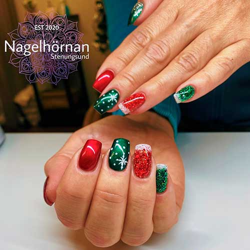 Glossy Red and Green Cute Square Shaped Christmas Nails 2021 with Two Glitter Red and Green Accents