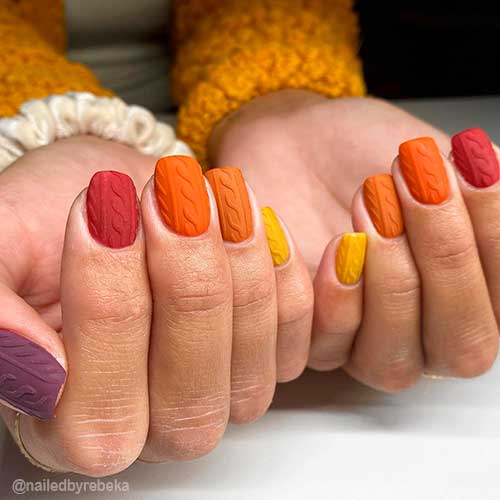 Short Square Matte Multicolored Fall Sweater Nail Art Design