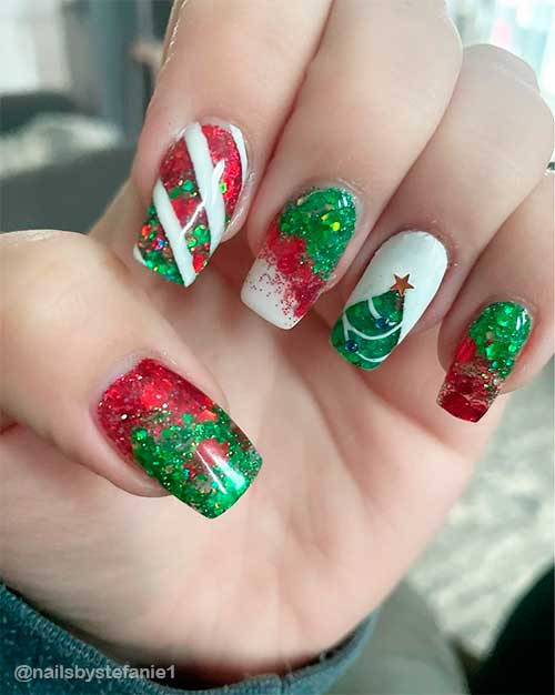 Festive Glittery Square Red and Green Christmas Nails 2021 Design