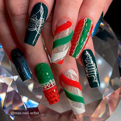 Festive Coffin Shaped Red and Green Christmas Nails 2021 with Candy cane and Christmas Sweater Nails