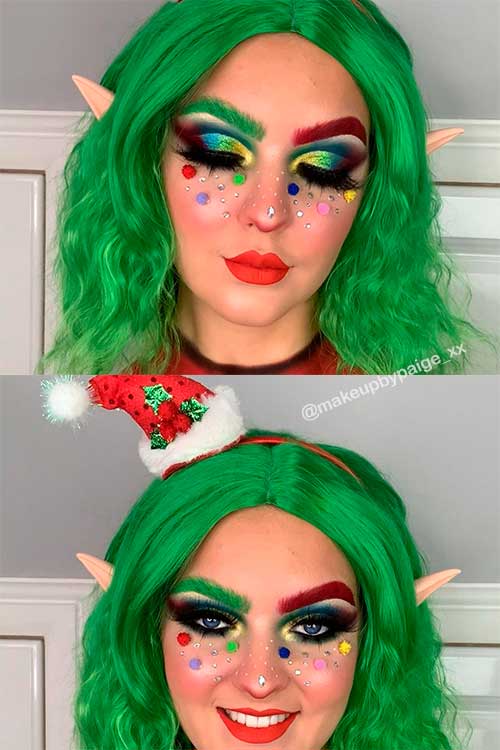 Festive Red and Green Santa’s Little Helper Christmas Makeup Look 2021