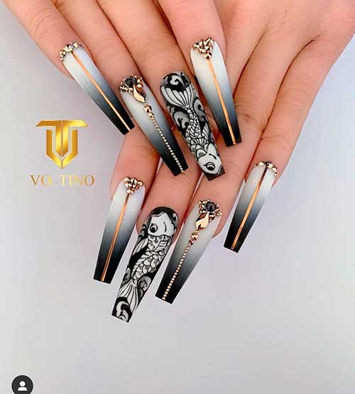 Long Coffin Black and White Ombre Nails with Gold Strips, Rhinestones, and Accent Fish Nail Design