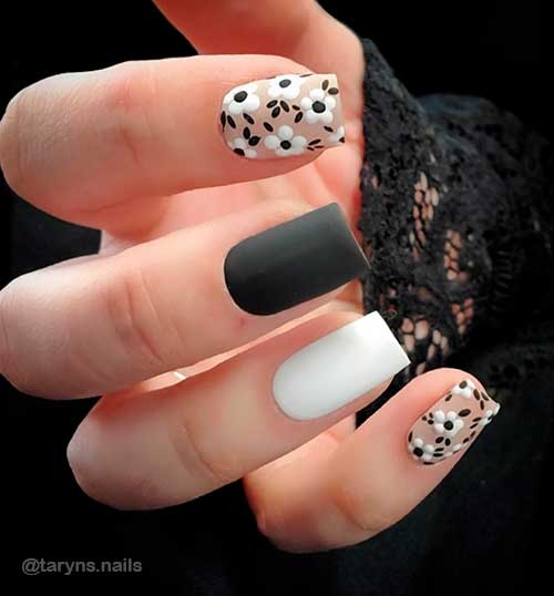 Short Black And White Nails with Two Accent Flower Nails
