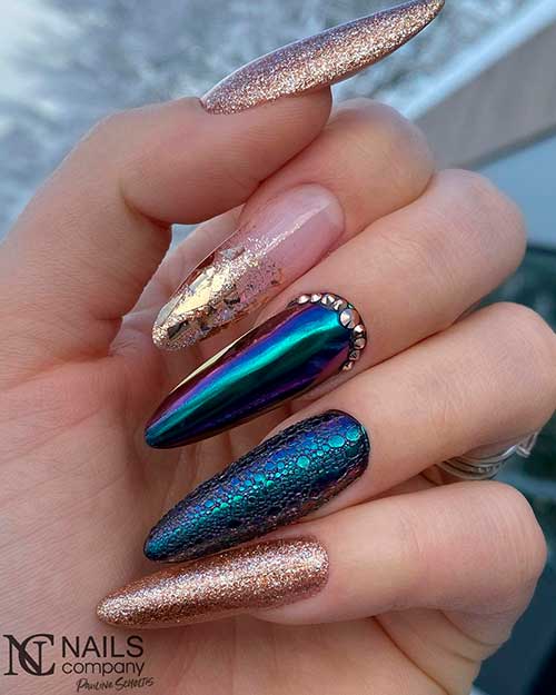 Long Almond Foam, Glitter, and Chrome with Rhinestones are one of the best winter nail ideas