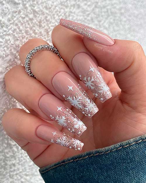 Glitter and Snowflakes Nude Color Coffin Nails Glitter and Snowflakes Nude Color Coffin Nails Can Give You a Classy and Festive Christmas Look Too