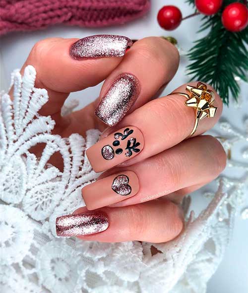 Reindeer Christmas Nails 2021 Square Shaped with Dark Pink Glitter