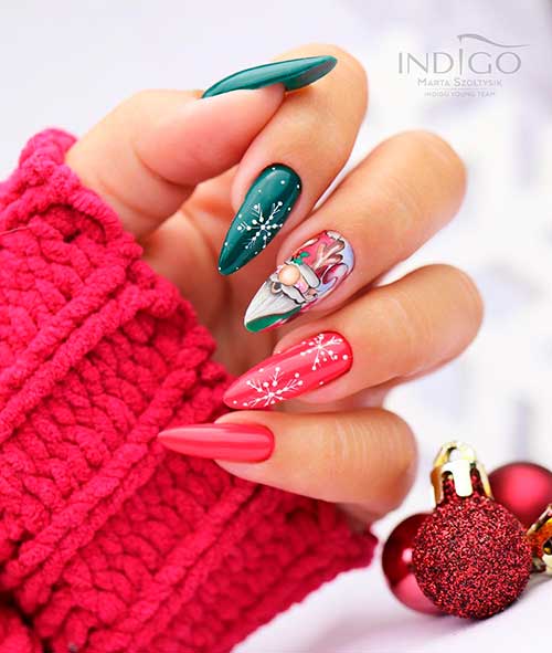 Almond Shape Gnome Red and Green Christmas Nails 2021 with White Snowflakes