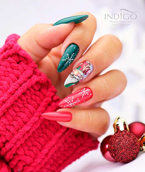 Gnome Red and Green Christmas Nails Almond Shape Gnome Red and Green Christmas Nails 2021 with White Snowflakes