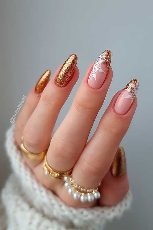 Gold Glitter Long Almond Tip with snowflakes Christmas Nail Art Over Two Accent French Tip Nails