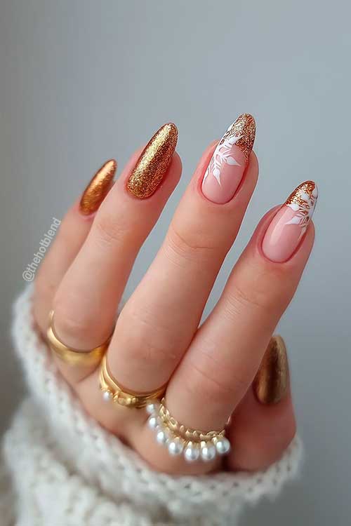 Gold Glitter with snowflakes Christmas Nail Art Gold Glitter Long Almond Tip with snowflakes Christmas Nail Art Over Two Accent French Tip Nails