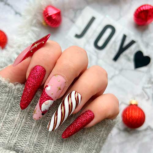 Gonk Gnome with Red Glitter Christmas Nails Gonk Gnome with Long Almond Red Glitter Christmas Nails, and Candy Cane Accent Nail Design