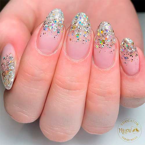 Gorgeous Champagne Glitter Fades over Medium Almond Nails Which Are Simple Winter Nails