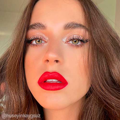 Gorgeous makeup look with Ruby Woo Retro Matte Lipstick, Lip Liner, and Shimmer Pink Eyeshadow