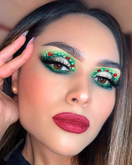 Green Christmas Makeup Look with Metallic Matte Red Lips