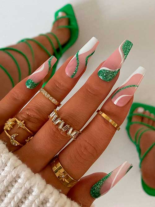 Green Christmas Swirl Nails Long Coffin White and Green Christmas Swirl Nails