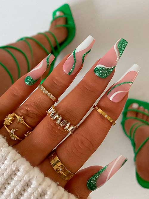 Long Coffin White and Green Christmas Swirl Nails