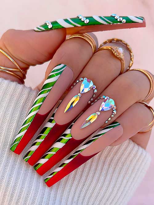 Long Coffin Green and White Candy Cane with Red Christmas French Nails Adorned with Rhinestones