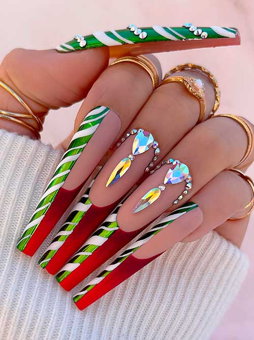 Green and Red Christmas Nails Long Coffin Green and White Candy Cane with Red Christmas French Nails Adorned with Rhinestones
