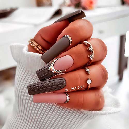 Grey Sweater Nail Art Design Long Square Matte Grey Sweater Nails with Rhinestones and Nude Accent Nail