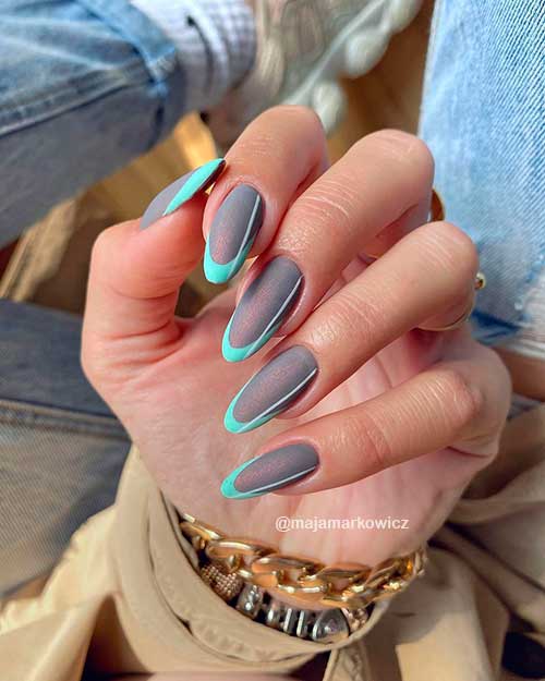 Grey and Mint Green French Tip Nails over Long Length Nail Shape