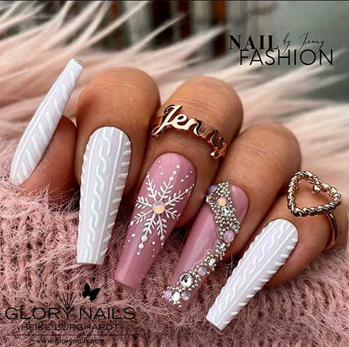 Hybrid Snowflakes Coffin Sweater Nails design with Rhinestones