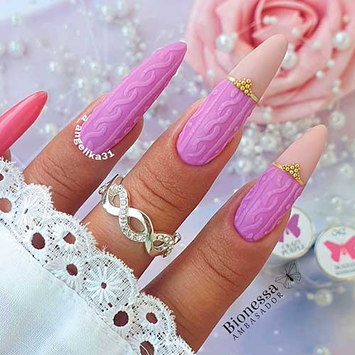 Long Almond Light Purple Hybrid Sweater Nails Design