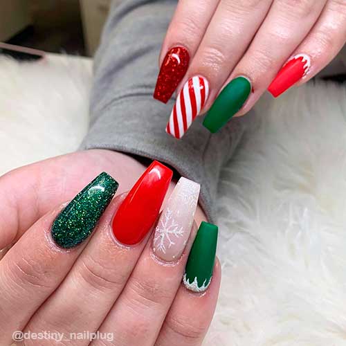 Ice, Snowflakes, and Candy Cane Christmas Nails Ice, Snowflakes, and Candy Cane Coffin Red and Green Christmas Nails Design