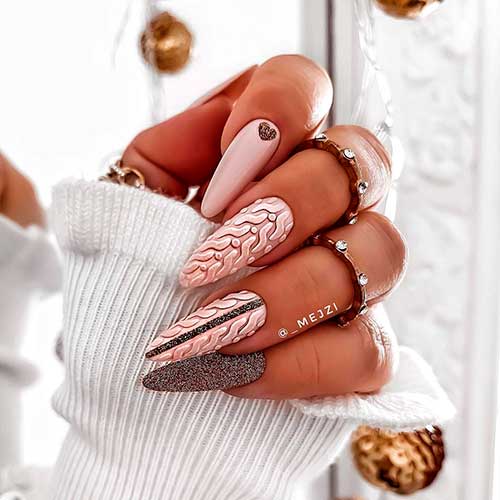 Long Almond Hybrid Nude Sweater Nails Design with Glitter and Glossy Plain nails