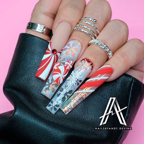 Long Coffin Candy cane and Snowflakes Christmas Nails 2021 with Glitter