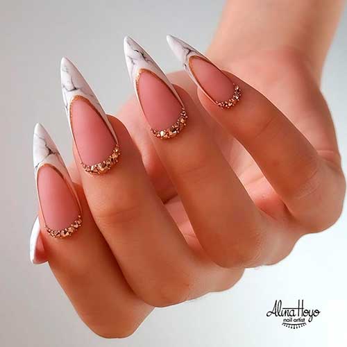 White Marble French Tip Nails Almond Shaped with Gold Rhinestones