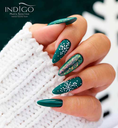 Matte Dark Green Christmas Nails Almond Shape with Snowflakes and Glitter Accents