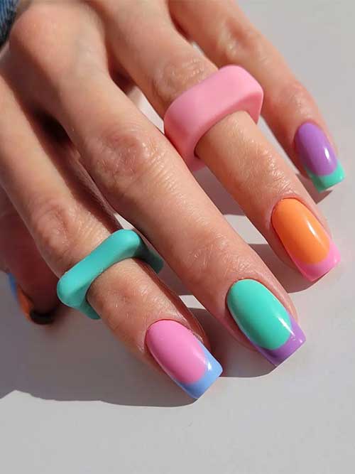 Medium Square Shaped Pastel Colored French Tip Nails for the Spring