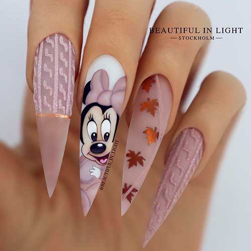 Minnie Mouse Hybrid Sweater Nails Design Long Stiletto Minnie Mouse Hybrid Sweater Nails 2021 Design with Fall Leaves on Accent Nail