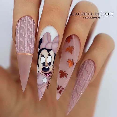 Long Stiletto Minnie Mouse Hybrid Sweater Nails Design with Fall Leaves on Accent Nail