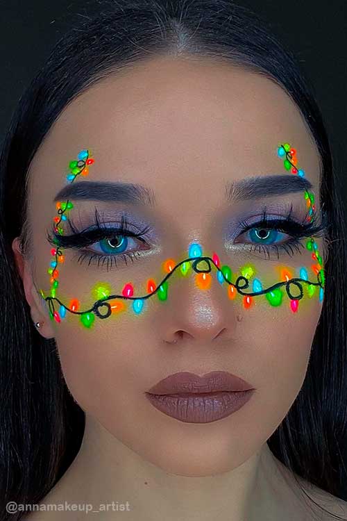 Neon Christmas Lights Makeup Look with Matte Brown Lips and Shimmer Lilac Eyeshadow
