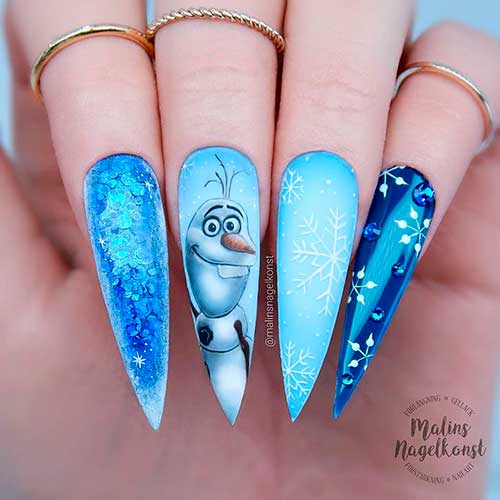 Olaf Nails with Snowflakes and Glitter Long Stiletto Olaf Christmas Nails 2021 with Snowflakes and Glitter